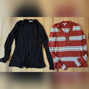 Black Long Sleeve Top and Striped V-Neck Sweater